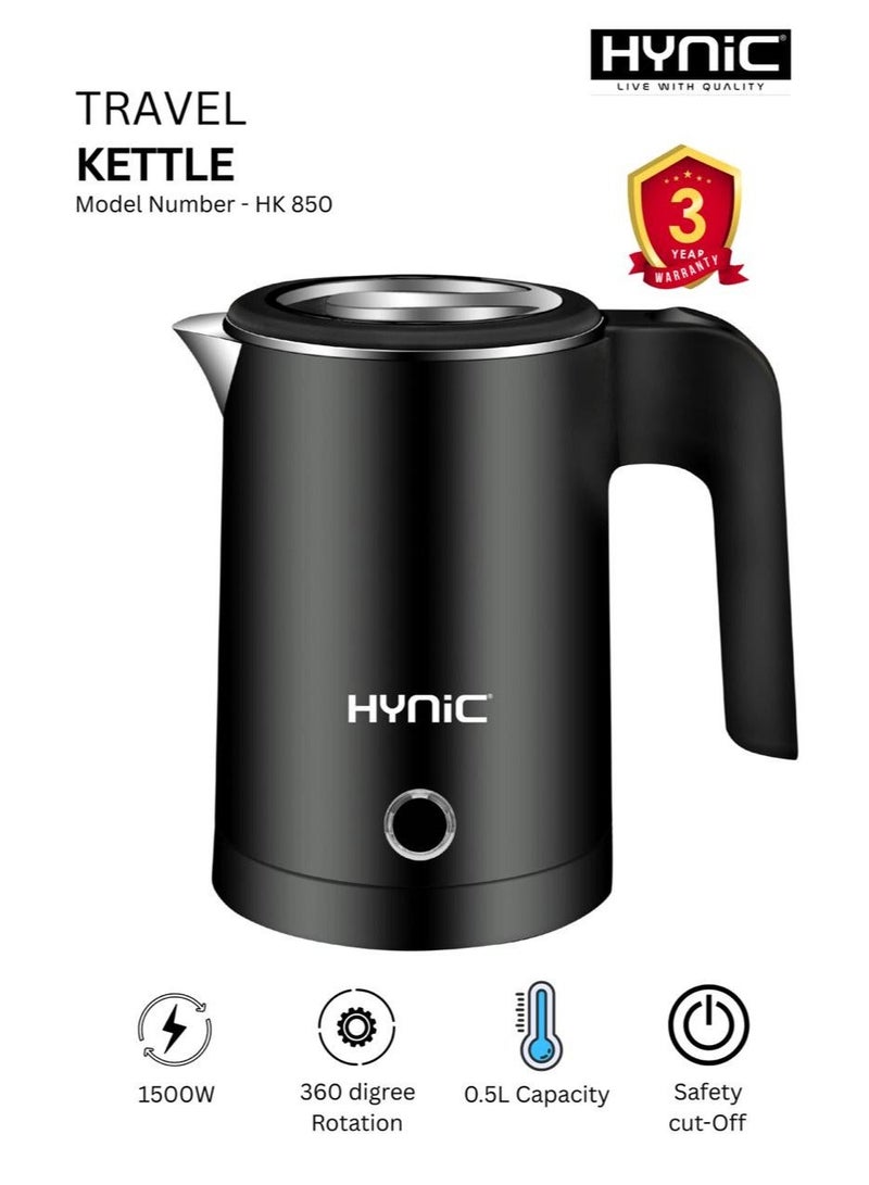 Hynic Portable Electric Travel Kettle 0.5L | 1500W Fast Boil, 304 Food-Grade Stainless Steel Seamless Inner | Double Wall Insulation & Auto Shut-Off | Compact Mini Tea & Coffee Pot for Home, Office & Travel - Image 1